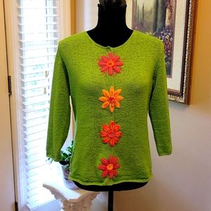 Susan Bristol lime green cardigan hand embroidered beaded pink flowers 💐M EUC